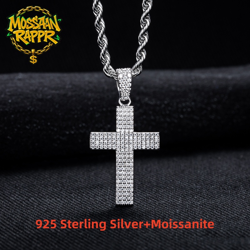 925 Sterling Silver Chain Necklace Men - MossanRappr Mozanit Bling Çapraz Kolye Buzlu