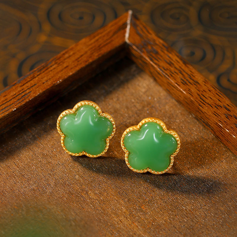 Earrings - Yeşil Doğal Yeşim Yonca Küpe Kadınlar